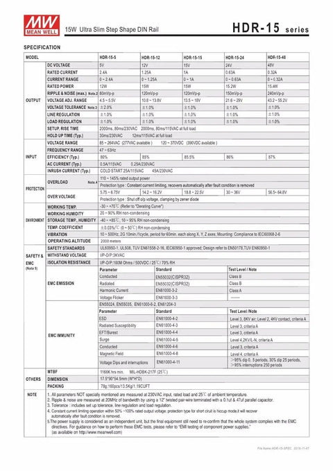 Specification sheet for Ultra Slim Step Shape 1SU DIN Rail Power Supply 12V 1.25A 15W HDR 15 12, detailing features and dimensions.