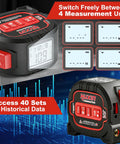 3-in-1 Laser Tape Measure With 196ft Laser Range, 16ft AutoLock Tape, Built-In Level, Type-C Rechargeable, Magnetic Hook, 6 Modes For Construction And DIY Pros, Ultra-Accurate Distances And Quick Measurements. Black and red laser tape measure with unit display and history screen.