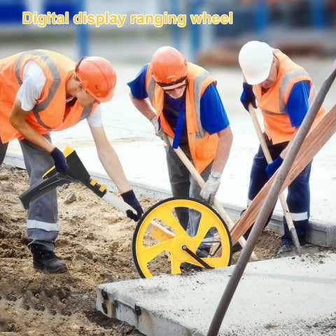 Digital Display Measuring Wheel With Retractable Handle For Walking Distance Tracking in use on a construction site.