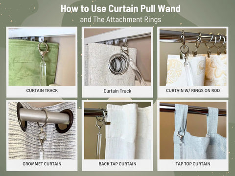 Clear Acrylic Curtain Pull Wand 36 Inch Set Of 4 Durable Drapery Pull Rods With Heavy Duty Lobster Hooks For Easy Curtain Opening And Closing Transparent Impact Resistant Window Treatment Accessory, shown on curtain track and rod