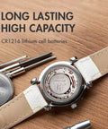 Top Shelf CR1216 3V Lithium Coin Cell Batteries Five Pack For Watches And Forehead Thermometers No Sweat Power Delivery Keeps Your Daily Gadgets Running Smooth All Day Long, viewed inside a watch.