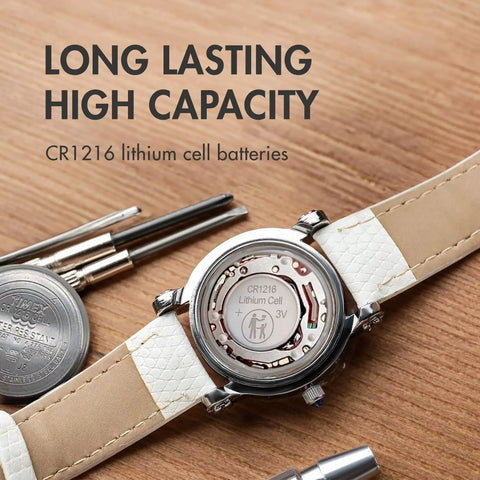 Top Shelf CR1216 3V Lithium Coin Cell Batteries Five Pack For Watches And Forehead Thermometers No Sweat Power Delivery Keeps Your Daily Gadgets Running Smooth All Day Long, viewed inside a watch.