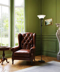 71 Inch Dark Bronze Floor Lamp With Alabaster Glass Shade, Rustic Modern Style for Living Room, beside leather armchair