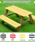 Stripe Picnic Table Cover Set With Bench Covers 72 X 30 Inch Fitted Waterproof Vinyl Tablecloth For 6 Ft Tables Elastic Edges 3 Piece Outdoor Dining Protector For Park School Camping Yellow And White
