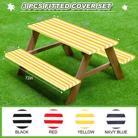 Stripe Picnic Table Cover Set With Bench Covers 72 X 30 Inch Fitted Waterproof Vinyl Tablecloth For 6 Ft Tables Elastic Edges 3 Piece Outdoor Dining Protector For Park School Camping Yellow And White