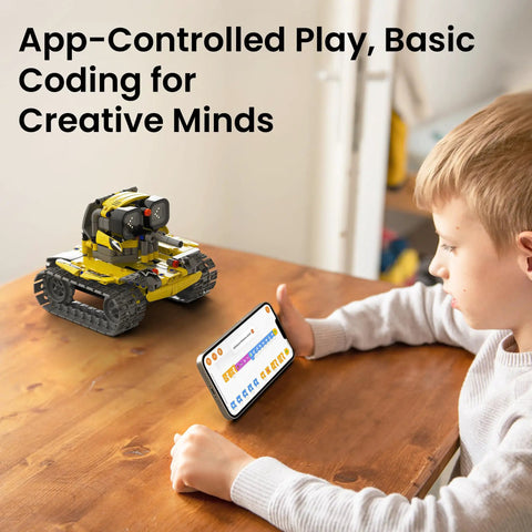 Rad Robot Building Kit With Remote Control For Kids Aged 8 To 14 473 Piece STEM Toy That Sparks Creativity Learning And Hands On Engineering Perfect Gift For Curious Minds And Future Builders. child using app-controlled robot on table