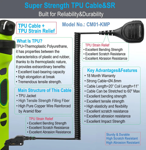 Image of Top Notch Shoulder Microphone For Kenwood Radios, Works With NX And TK Series With Multi Pin Audio Connector, Rugged Clip, Crystal Clear Audio, 18 Month Warranty, showing TPU cable details and features.
