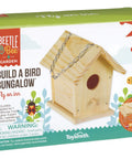 Build A Birdhouse Bungalow DIY Kit For Kids shown on box with wooden birdhouse, paints, glue, brush, and chain for crafting.