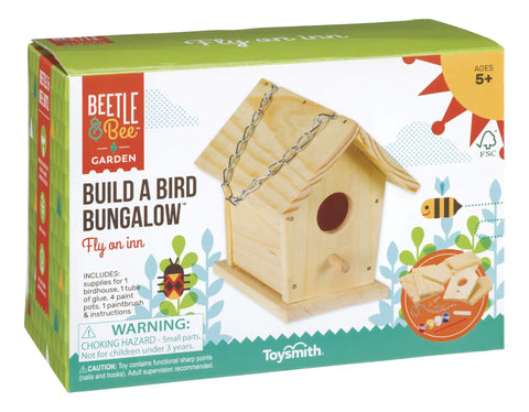 Build A Birdhouse Bungalow DIY Kit For Kids shown on box with wooden birdhouse, paints, glue, brush, and chain for crafting.