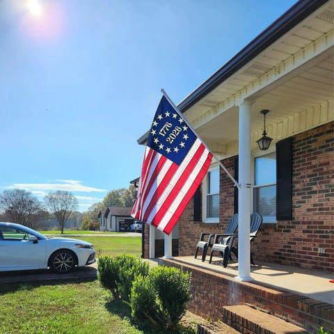Single Sided Embroidered Betsy Ross 1776 Flag 3x5 Ft Outdoor US 13 Colonies Banner on porch with heavy duty fabric and vivid colors
