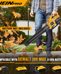 Cordless Leaf Blower For DeWalt 20V Max Battery, 400 CFM in use outdoors clearing leaves, showing ergonomic handle and quick release nozzle