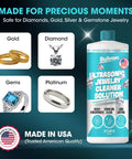 Ultra Strong 32 Oz Ultrasonic Jewelry Cleaner Solution Knocks Out Stubborn Lotion Grease And Daily Grime From Diamond Rings Silver Watches And Prescription Glasses While Keeping Things Budget Friendly, showing gold rings and cleaner.
