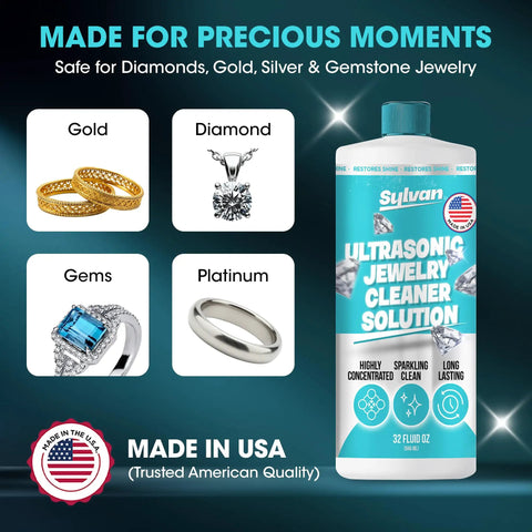 Ultra Strong 32 Oz Ultrasonic Jewelry Cleaner Solution Knocks Out Stubborn Lotion Grease And Daily Grime From Diamond Rings Silver Watches And Prescription Glasses While Keeping Things Budget Friendly, showing gold rings and cleaner.