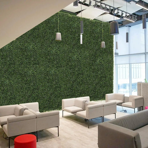 Modern lobby with 12 Pack 10 By 10 Inch Boxwood Panels Artificial Grass Wall Backdrop for Indoor Outdoor Gardens Fences and Backyards