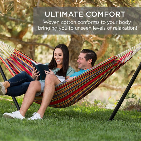 Two Person Indoor Outdoor Hammock With Steel Stand Cozy Brazilian Gathered End Style Cotton Bed For A Cocoon Vibe