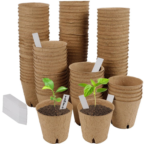 Stacked Seed Starter Tray Kit With 100 Biodegradable Peat Pots And 100 Plant Labels, 3x3 inch, two sprouting plants visible
