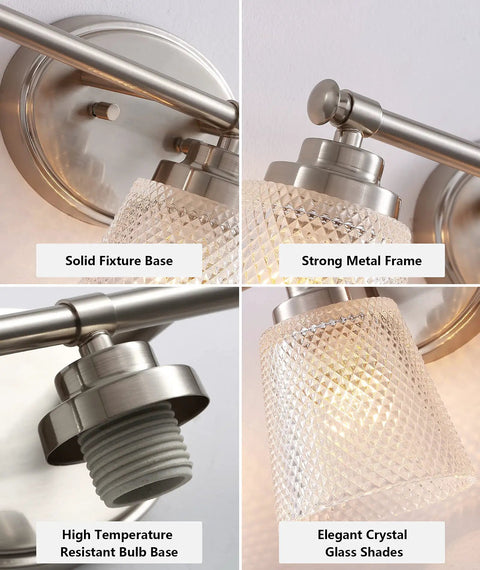 Close-up of brushed nickel vanity light fixture details, highlighting crystal glass shades and rustproof metal frame design.