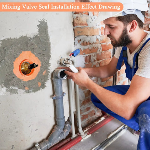 Installer applying mixing valve seal from Eight Piece Pro Grade Waterproof Shower Seal Kit With Inside And Outside Corner Seals Pipe And Mixing Valve Seals Heavy Duty Rubber And Polyethylene Membrane For Seamless Bathroom Waterproofing In Bathtub And Steam Room.
