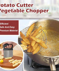 JAYVAR 2-in-1 crinkle cutter with peeler, stainless steel wave potato cutter; fries in pan and cutter used on cutting board