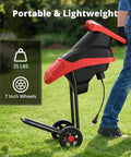 Powerful 15 Amp Electric Wood Chipper Shredder With 4200 RPM, 1.75 Inch Branch Capacity, featuring red handle and 7-inch wheels