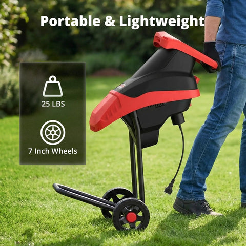 Powerful 15 Amp Electric Wood Chipper Shredder With 4200 RPM, 1.75 Inch Branch Capacity, featuring red handle and 7-inch wheels