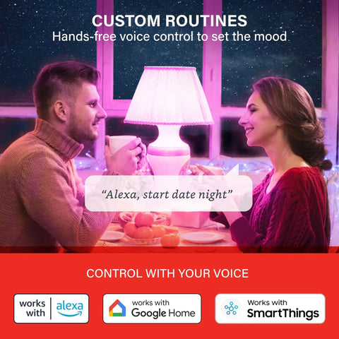 Couple enjoying dinner with Color Changing WiFi Smart Light Bulb No Hub Needed A19 RGB LED Bulb Compatible With Alexa