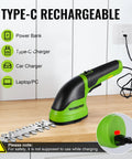 2-In-1 Cordless Grass Shear And Shrub Trimmer For No-Fuss Pruning Of Hedges And Grass, with Type-C charging cable, green design.