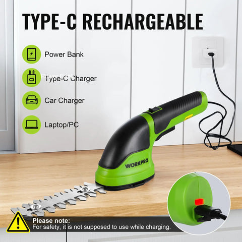 2-In-1 Cordless Grass Shear And Shrub Trimmer For No-Fuss Pruning Of Hedges And Grass, with Type-C charging cable, green design.