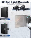Rugged Six Port Mini Gigabit Industrial PoE Switch in DIN Rail and Wall Mount modes with IP cameras, designed for tight spaces.