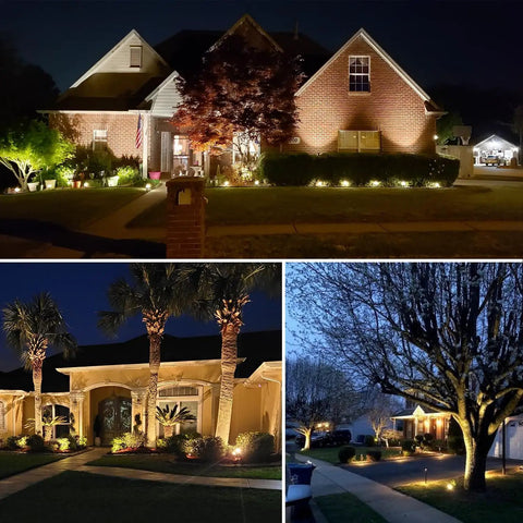 Houses illuminated by Ultra Bright 12W LED Landscape Lights Low Voltage 12V Waterproof Garden Pathway Spotlights at night