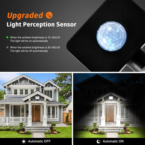 Top Shelf 50W Led Security Floodlight With Smart Motion Sensor And Pir Activation IP67 Waterproof showing light sensor features and night illumination.