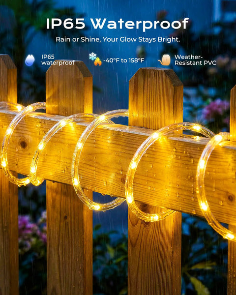 2 Pack Solar Rope Lights 78Ft Total 200LED Warm White Outdoor String Lights IP65 Waterproof displayed on wooden fence