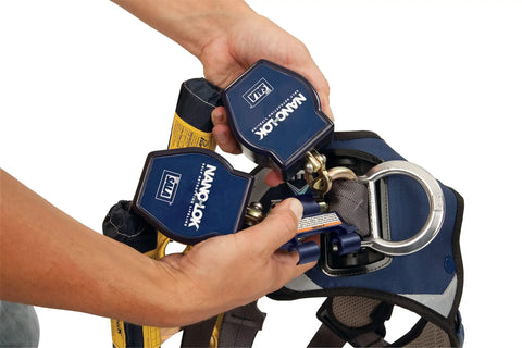 Blue Twin Leg Self Retracting Lifeline Connector For Nano Lok SRL Harness, Snug Back Fit, 5,000 Lb Rated, Heavy Duty Safety Gear Accessory For Fall Arrest, Worksite Safety, And Easy Attachment