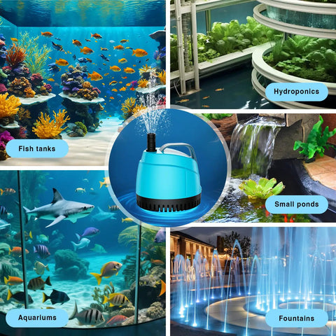 Image of 700GPH Submersible Water Pump Ultra Quiet With 8Ft Lift Bottom Suction Pond Pump for Fountains, Waterfalls, Koi Ponds, Aquarium, and Hydroponics Includes 3 Nozzles 40W 2600LPH in different aquatic settings.