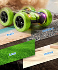4WD Remote Control Car With 360 Flip And Double Sided Stunt Play All Terrain Off Road Toy With LED Light Bar And USB C Modular Battery driving on various surfaces
