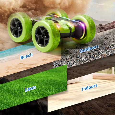 4WD Remote Control Car With 360 Flip And Double Sided Stunt Play All Terrain Off Road Toy With LED Light Bar And USB C Modular Battery driving on various surfaces