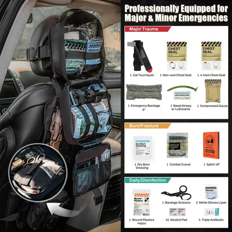 Vehicle IFAK Trauma Kit With CAT Tourniquet, Black Tactical First Aid Kit in MOLLE Pouch attached to car headrest