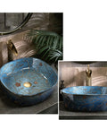 Vintage Hand Painted Blue Ceramic Vessel Sink Top Shelf Slick Gloss Finish No Hassle Easy Clean Single Basin Vanity Washbasin Complete Faucet Kit Ready To Roll, close-up view with faucet.