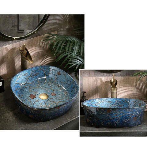 Slick Blue Ceramic Vessel Sink Featuring Hand Painted Vintage Design For Bathroom Vanity Tops Easy Clean No Overflow Single Wash Basin Dead On Tough Construction With No Fuss Cleanup For Bath Fixtures, top view in modern setting.