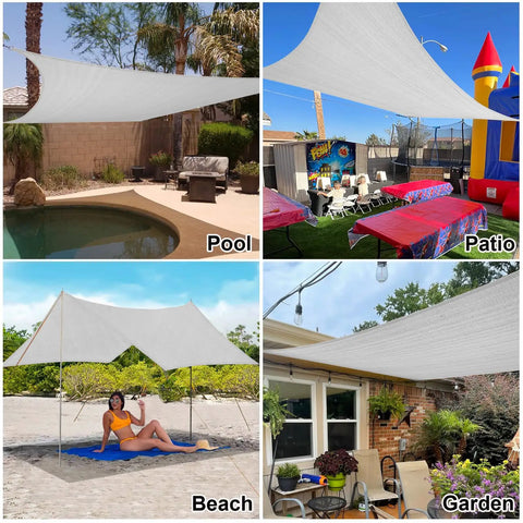 Rectangular Shade Sail 16 By 16 Feet Light Gray UV Blocking Sun Shade Canopy over pool, patio, beach, and garden areas.