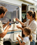 Family applying glass frosting spray to RV windows for privacy, showcasing Glass Frosting Spray | 3 Pieces 30ml Anti-Glare Translucent Privacy Agents.