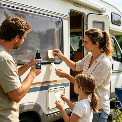 Family applying glass frosting spray to RV windows for privacy, showcasing Glass Frosting Spray | 3 Pieces 30ml Anti-Glare Translucent Privacy Agents.