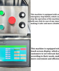 Control panel of Fast Track Automatic Desktop Conveyor Round Bottle Labeler with emergency stop and touch screen.