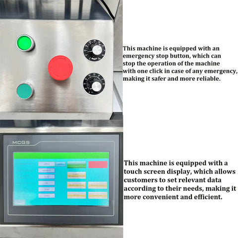 Control panel of Fast Track Automatic Desktop Conveyor Round Bottle Labeler with emergency stop and touch screen.