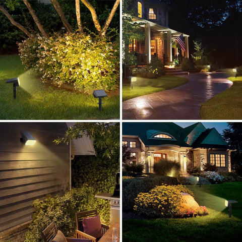 Collage of 10 Pack Solar Spot Lights Outdoor 65 LED Warm White with 2 in 1 Spotlights illuminating gardens and walkways at night.