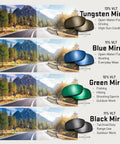 Ballistic Rated Safety Glasses Featuring Matte Graphite Grey Frame And Tungsten Mirror Lenses for outdoor vision comparison with various lens colors.
