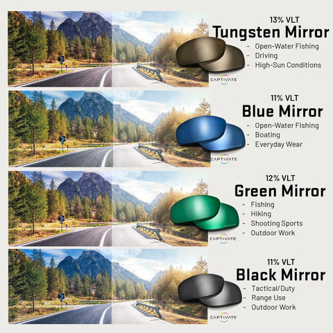 Ballistic Rated Safety Glasses Featuring Matte Graphite Grey Frame And Tungsten Mirror Lenses for outdoor vision comparison with various lens colors.