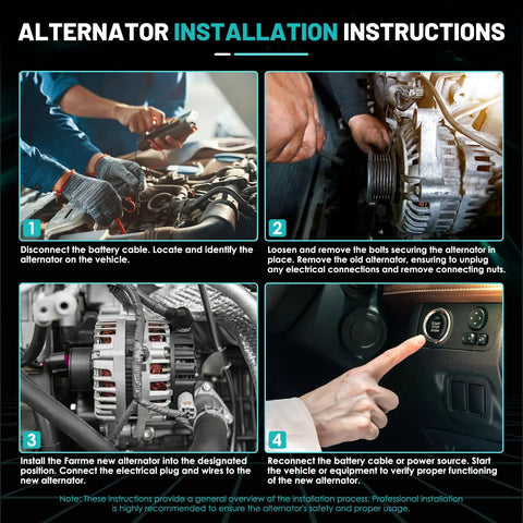 Installation instructions showing how to install a Beefy 150A 12V Replacement Alternator Direct Fit For Toyota RAV4 09-12 Highlander 08-16.