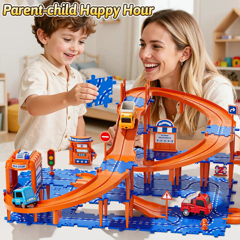 Child and parent playing with 4 Tier Race Track Puzzle Set With 3 Cars For Kids Ages 3 To 8, bright orange multi-layer track.