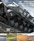 One Sixteen Scale RC Tank Car climbing 30-degree slope on rocky terrain